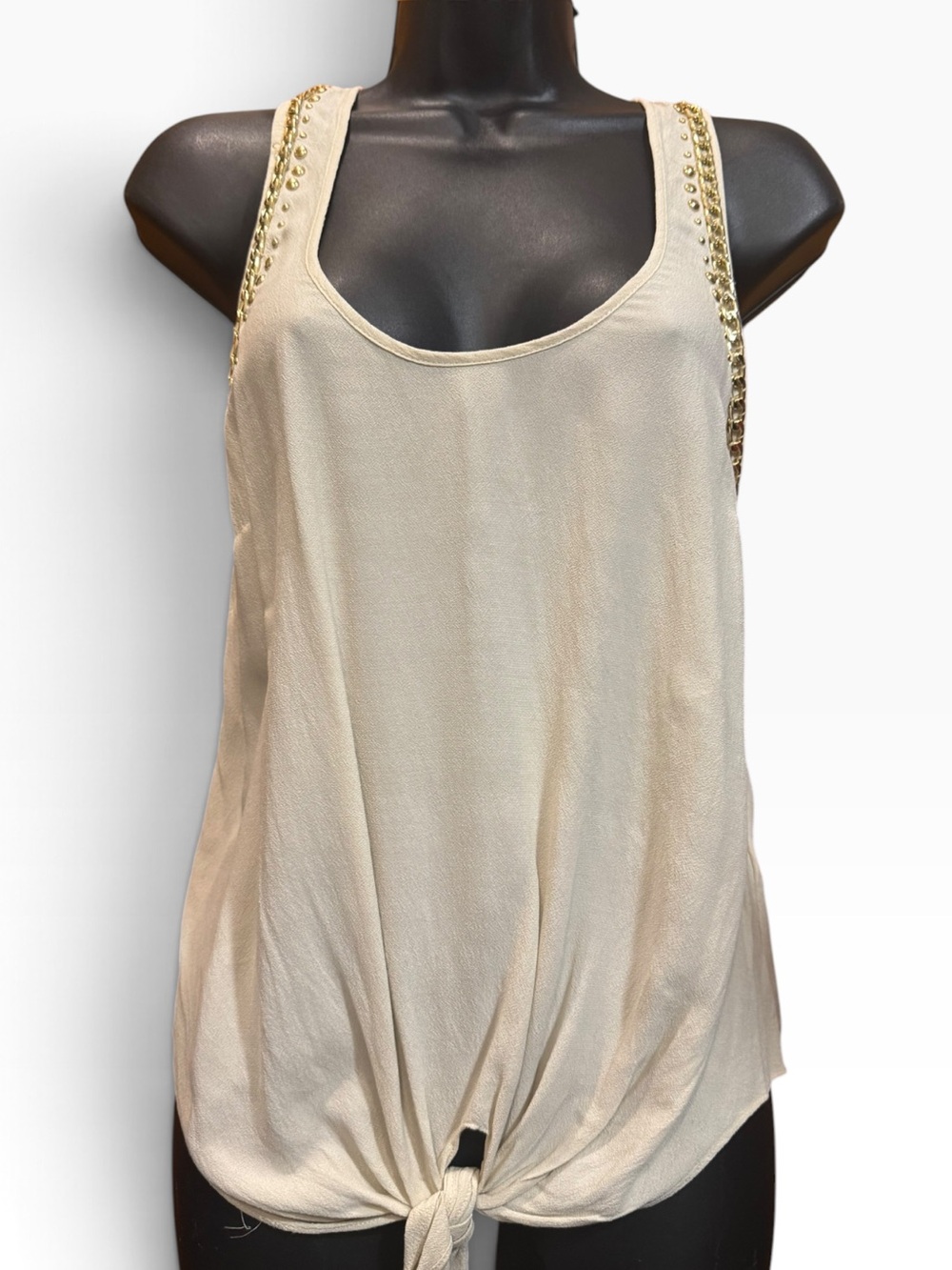 BEBE Sleeveless Cream Tie-Front Tank Top with Stud & Gold Chain Detail